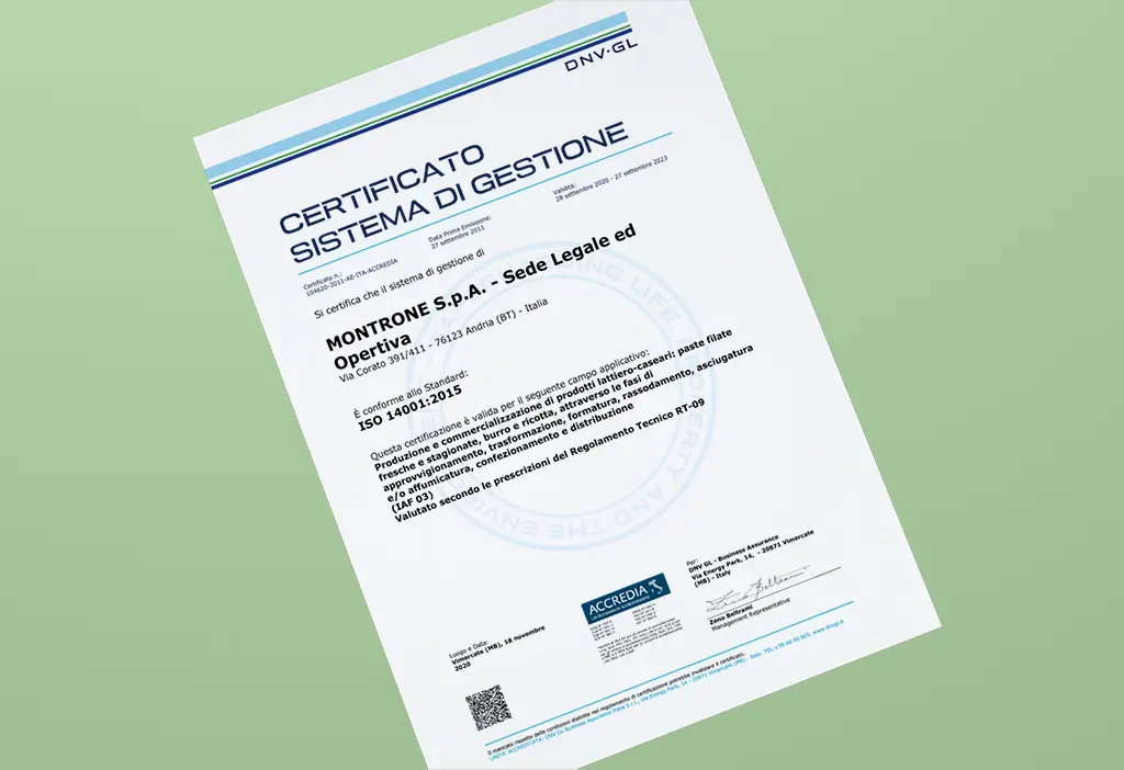 Caseificio Montrone Azienda Certificata ISO-14001