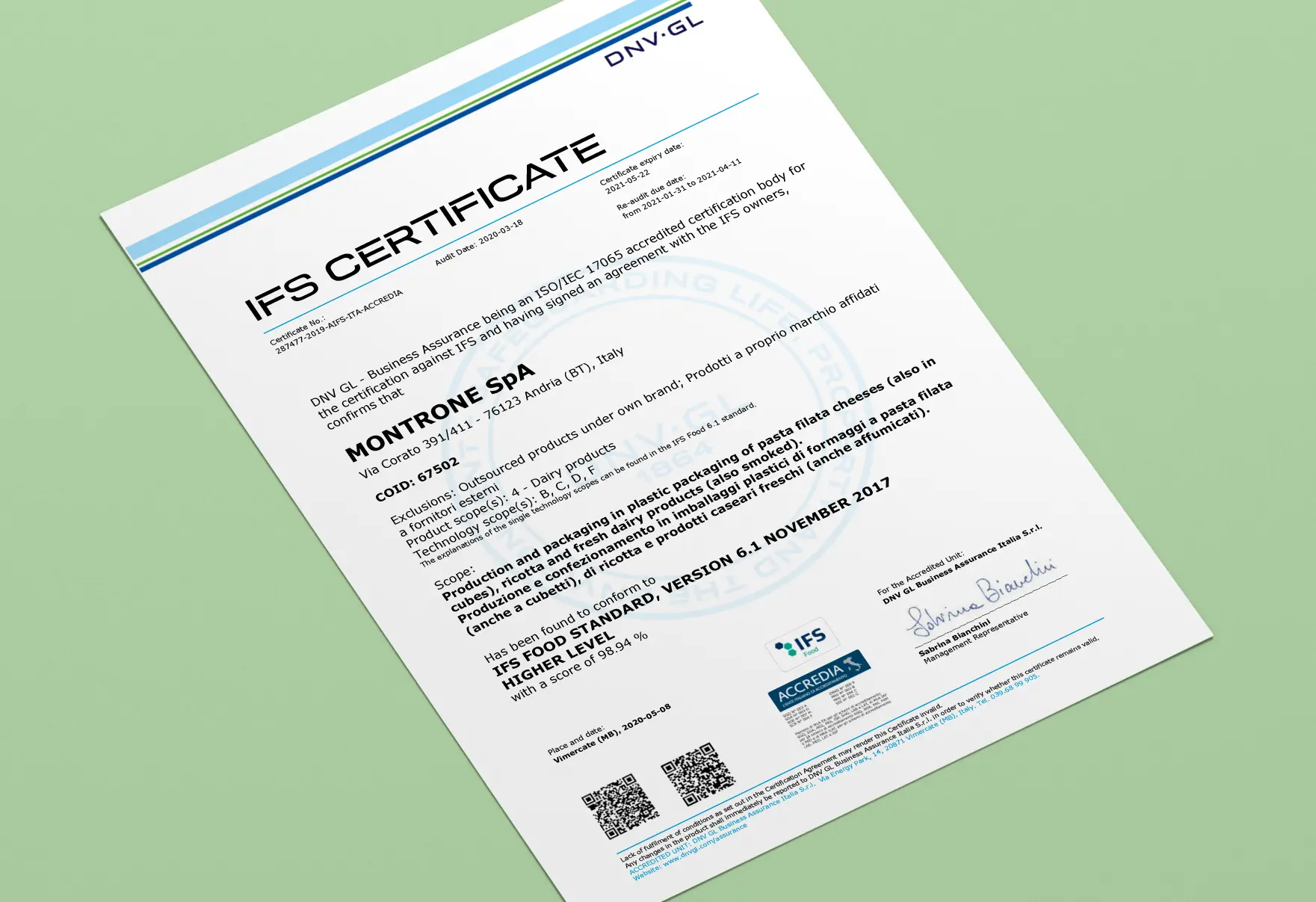 Caseificio Montrone Azienda Certificato IFS